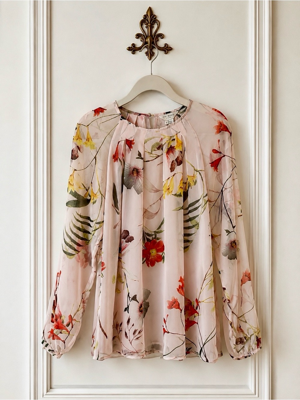 Floral Ballet Blush Pink Fairycore Sheer Sleeves Feminine Cottagecore Blouse M - Picture 2 of 6